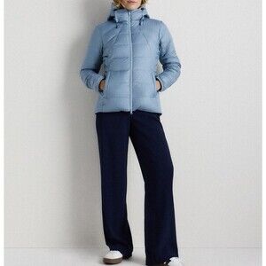 NWT Quince Women Lightweight Down Packable Puffer Hooded Jacket Blue 700+Fill Lg